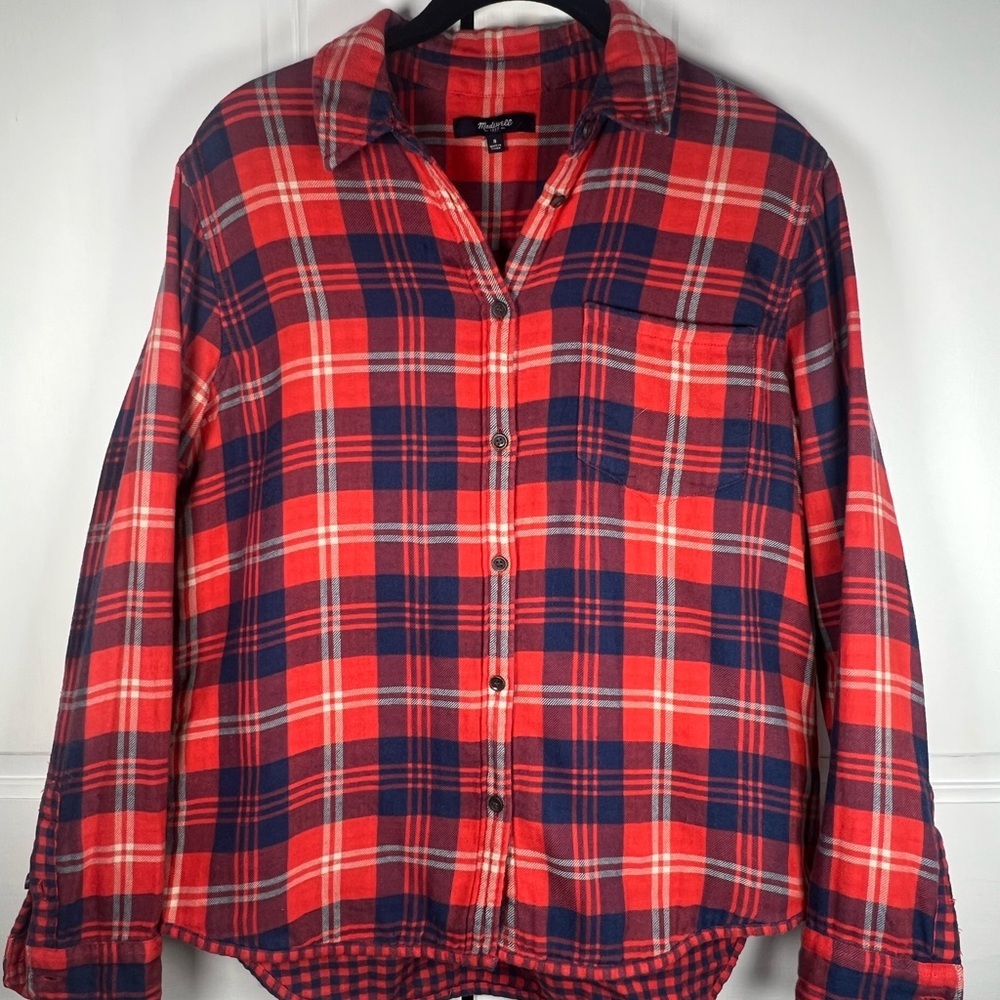 Madewell Ex boyfriend Flannel Button-Down Red and Navy Plaid Size Small - Picture 1 of 5